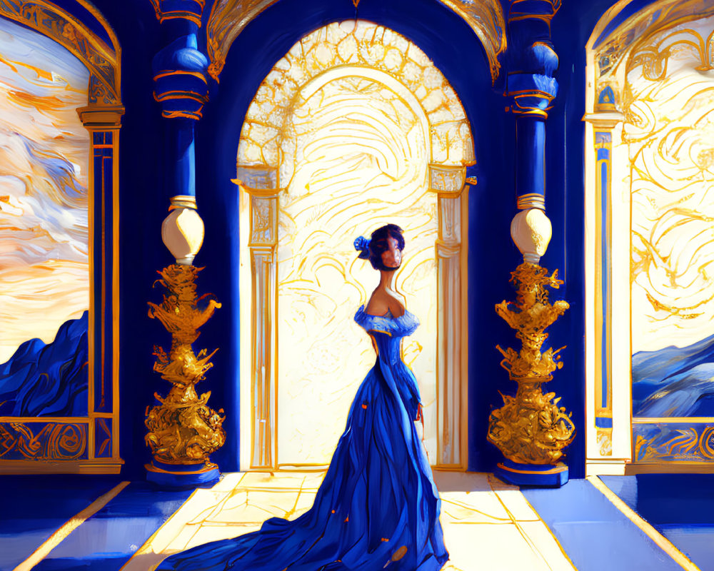 Elegant woman in blue gown in luxurious room with golden pillars