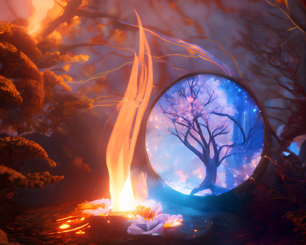 Vibrant campfire next to magical portal and cherry blossom tree