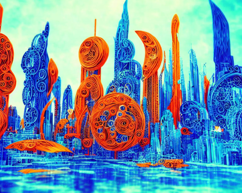 Surreal cityscape with blue and orange buildings reflected in water