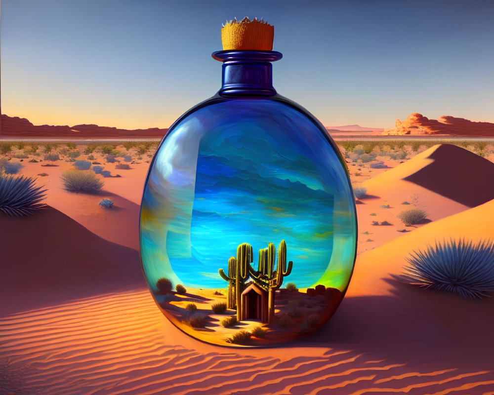 Glass bottle with desert and ocean scene on sand dunes