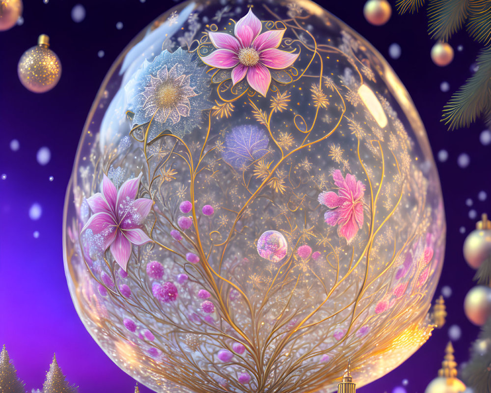 Digital Art: Transparent Holiday Ornament with Floral Patterns and Festive Decorations