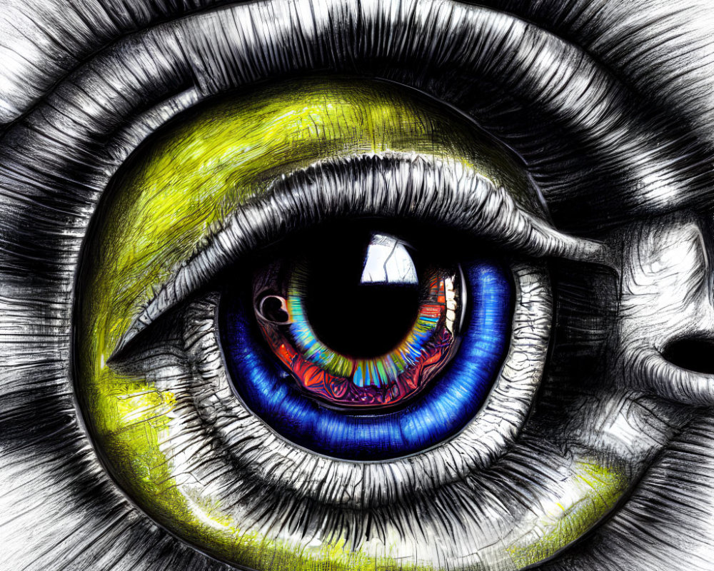 Detailed sketch of vibrant green human eye with reflections.