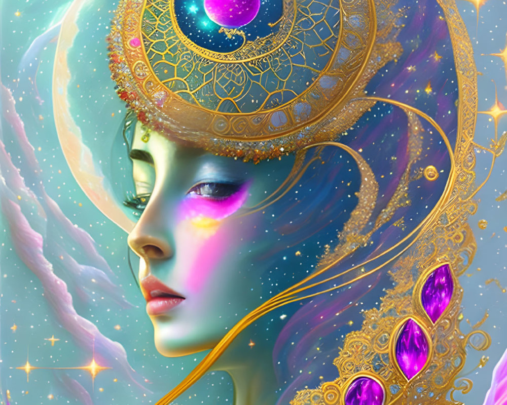 Illustration of ethereal woman with golden headdress in cosmic setting