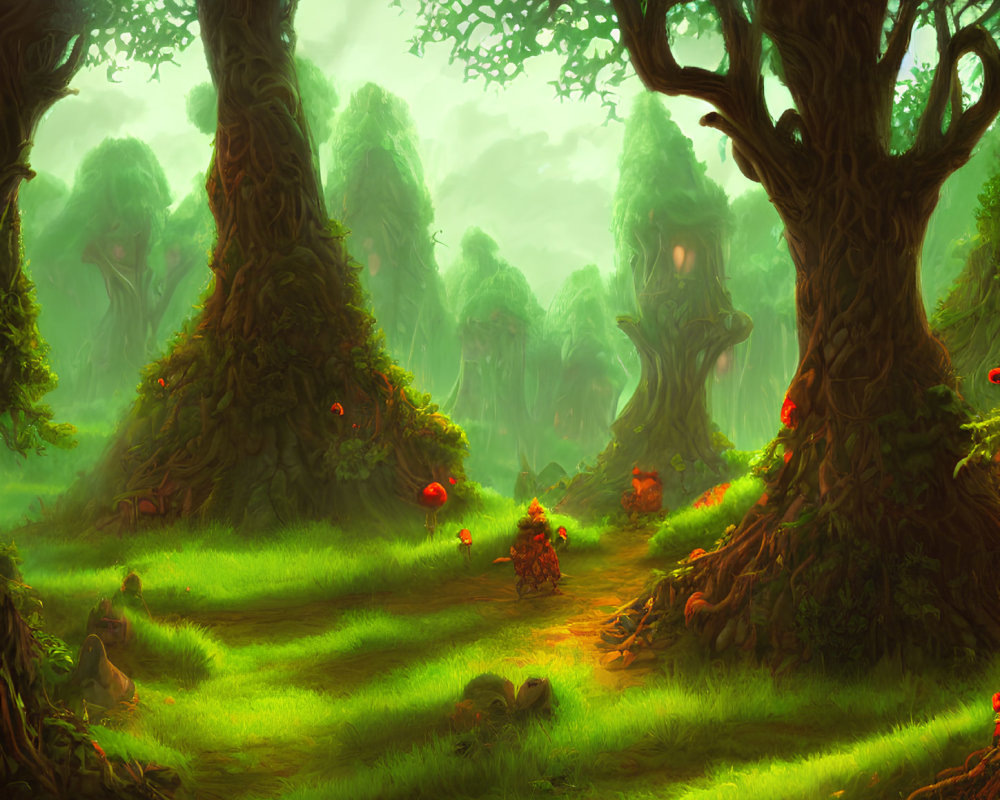 Fantasy forest with towering trees, vibrant grass, mysterious fog, and red-capped mushrooms