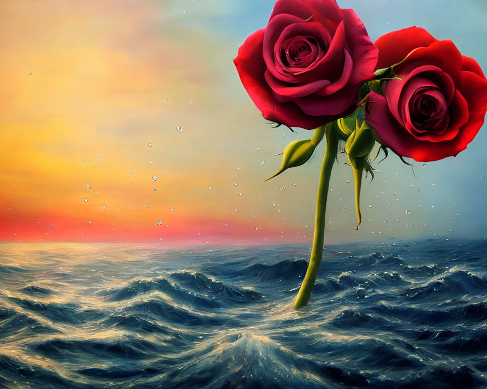 Vibrant red roses above stormy sea with colorful sunset sky