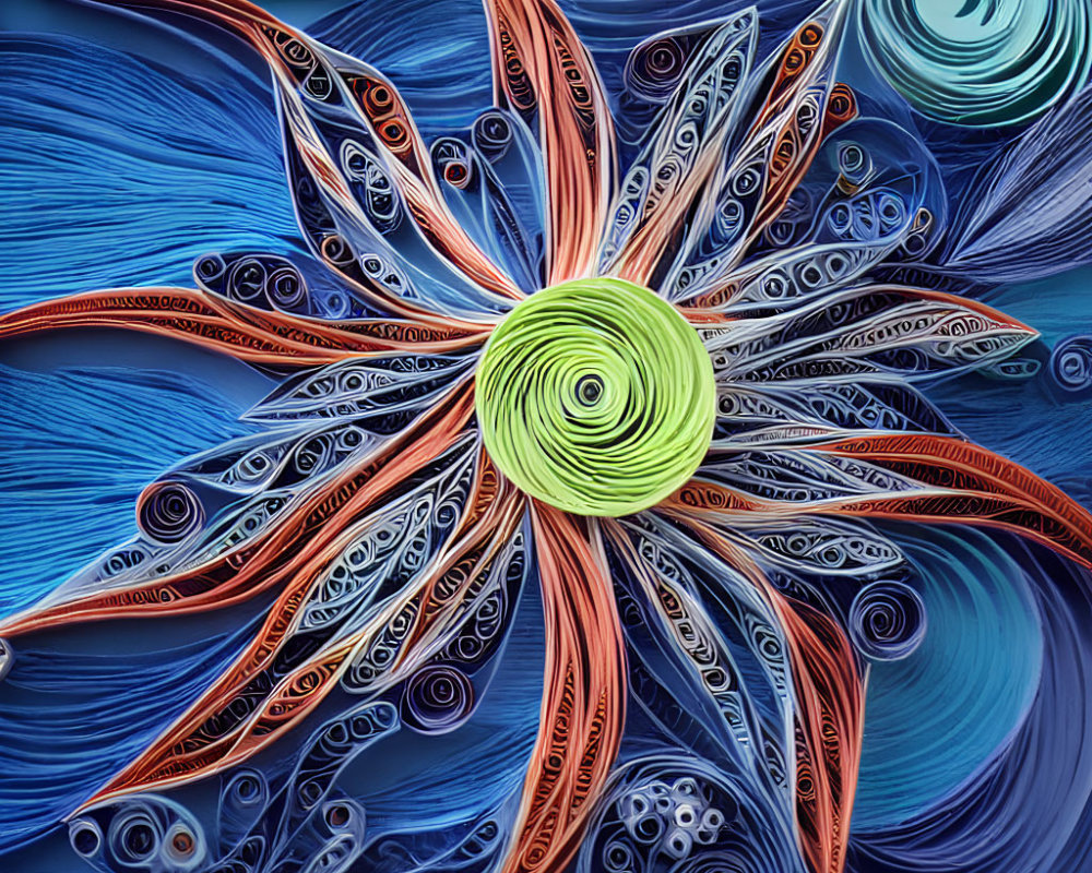 Colorful Quilling Paper Art: Large Green-Centered Flower with Blue and Orange Petal Designs