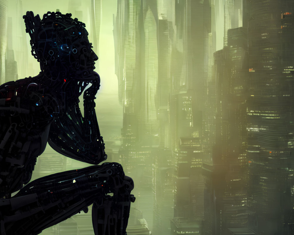 Futuristic cityscape with complex mechanical figure