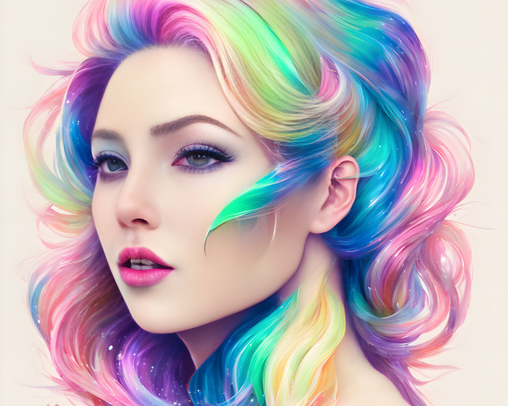 Multicolored wavy hair and blue eyes in pastel rainbow portrait