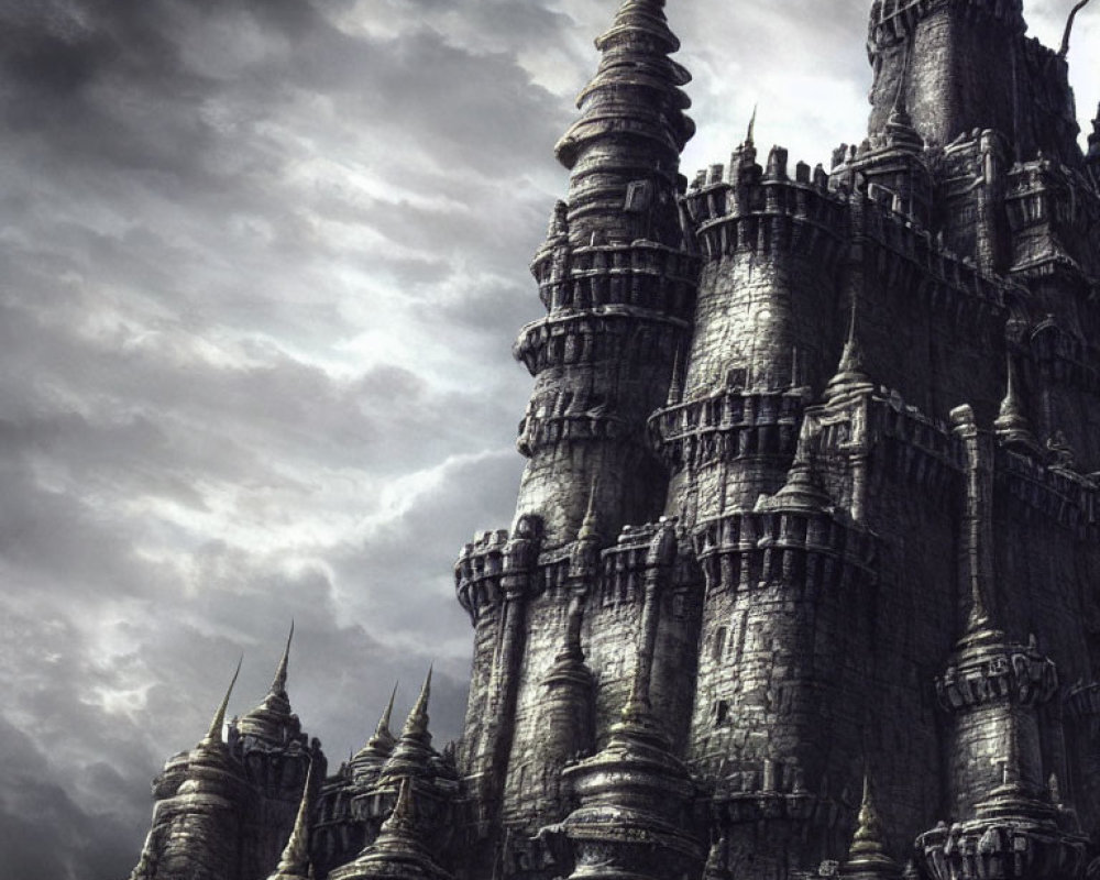 Gothic castle with tall spires under cloudy sky