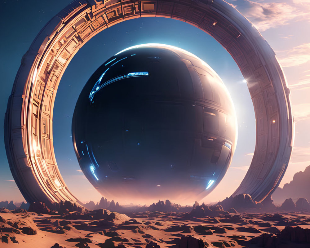 Gigantic ring structure encircles hovering sphere in desert landscape