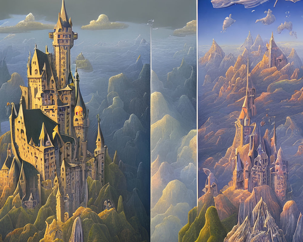 Split Fantasy Image: Majestic Castle and Floating Islands with Dragon Attack at Twilight