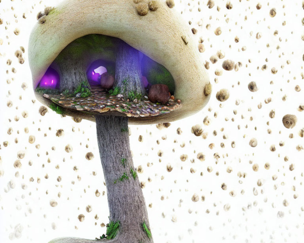 Stylized mushroom with glowing purple interior and floating orbs