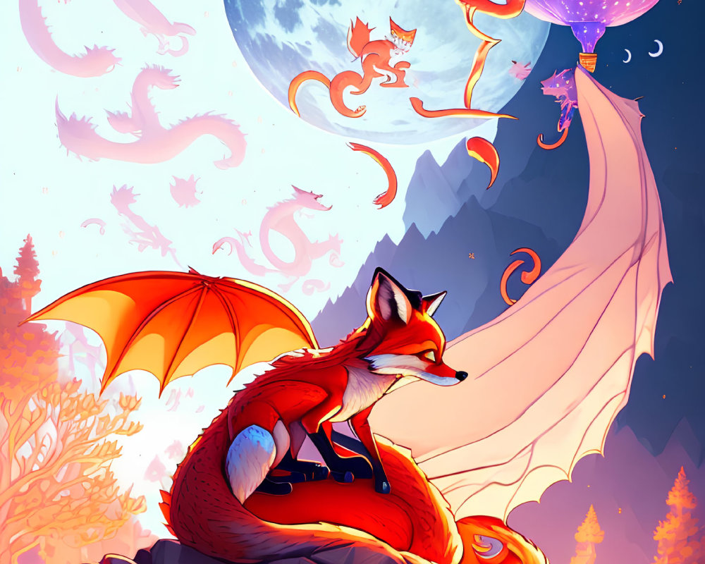 Illustration of red fox with bat-like wings, whimsical dragons, fantastical moon