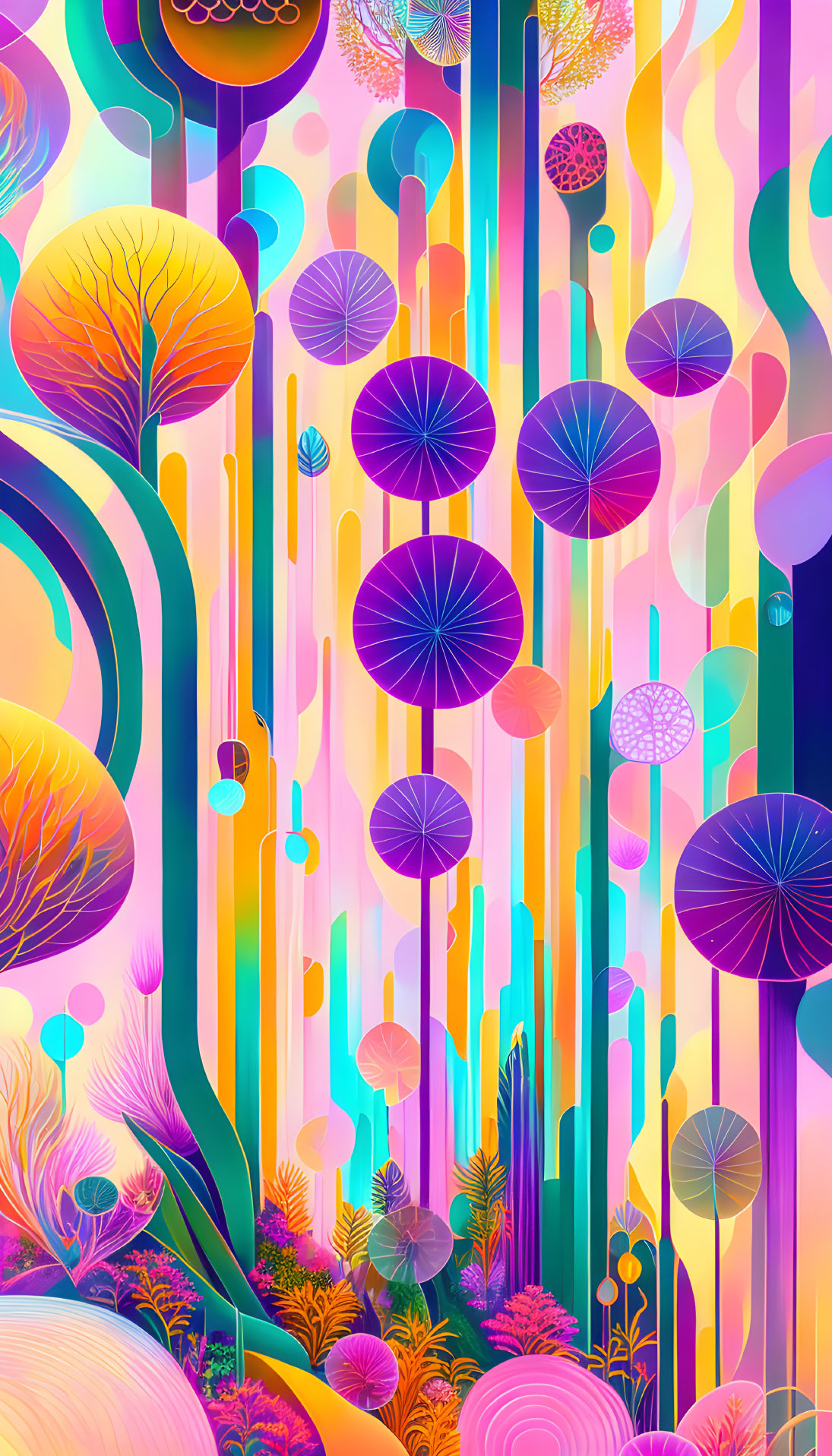 Colorful psychedelic tree illustration in purple, gold, and pink