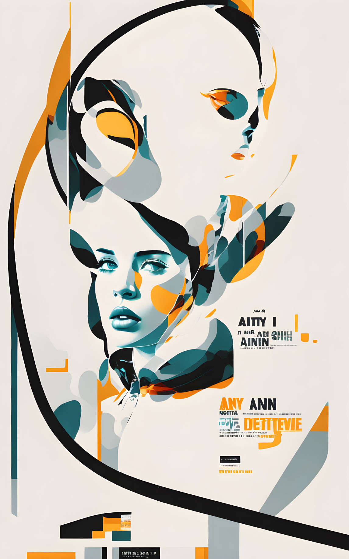 Monochrome poster art of woman with orange accents and retro detective theme