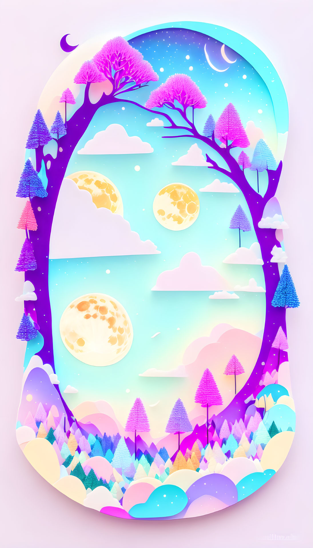 Vibrant purple and pink trees in a whimsical landscape with two moons, fluffy clouds, and