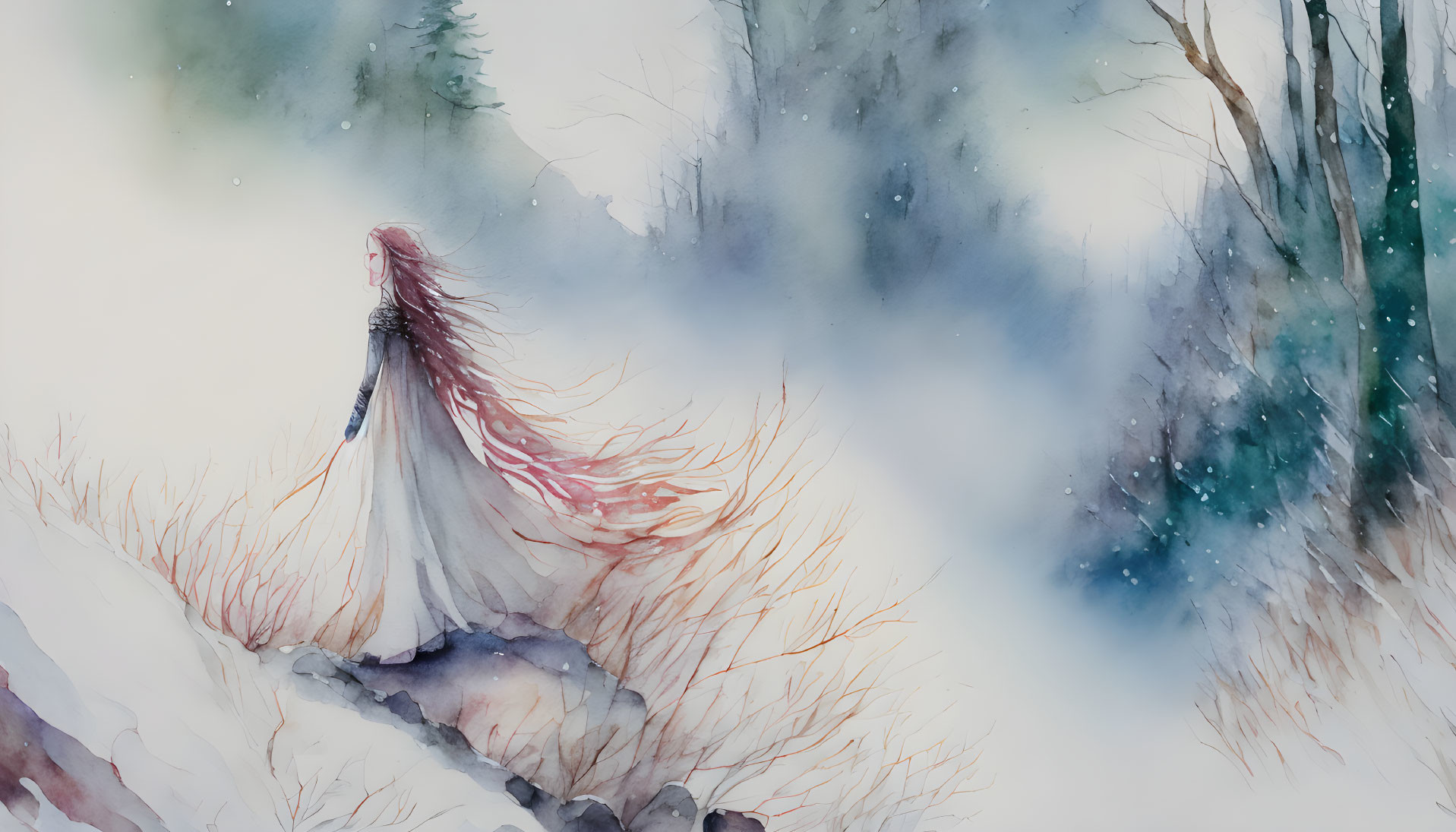 Red-haired figure in white cloak gazes at misty snowy forest