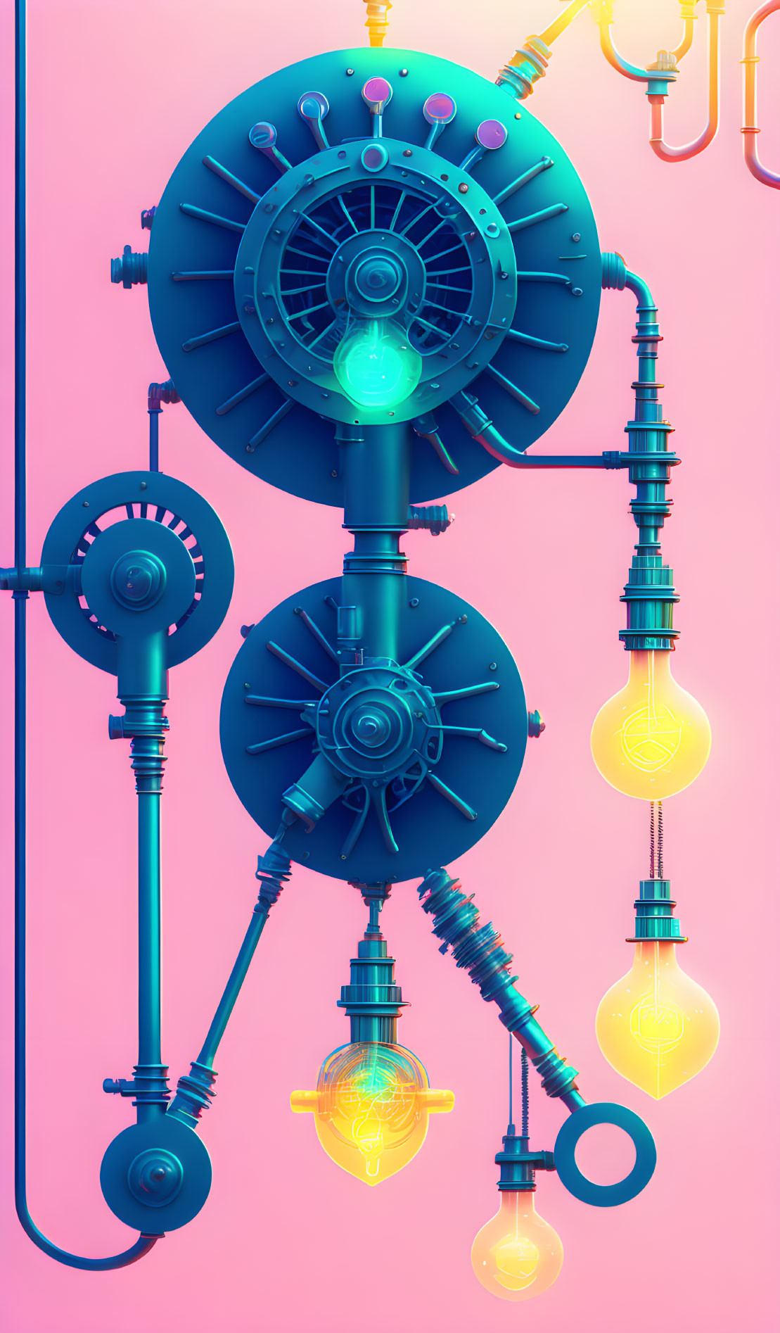 Whimsical machine with circular gears and glowing light bulbs on pink background