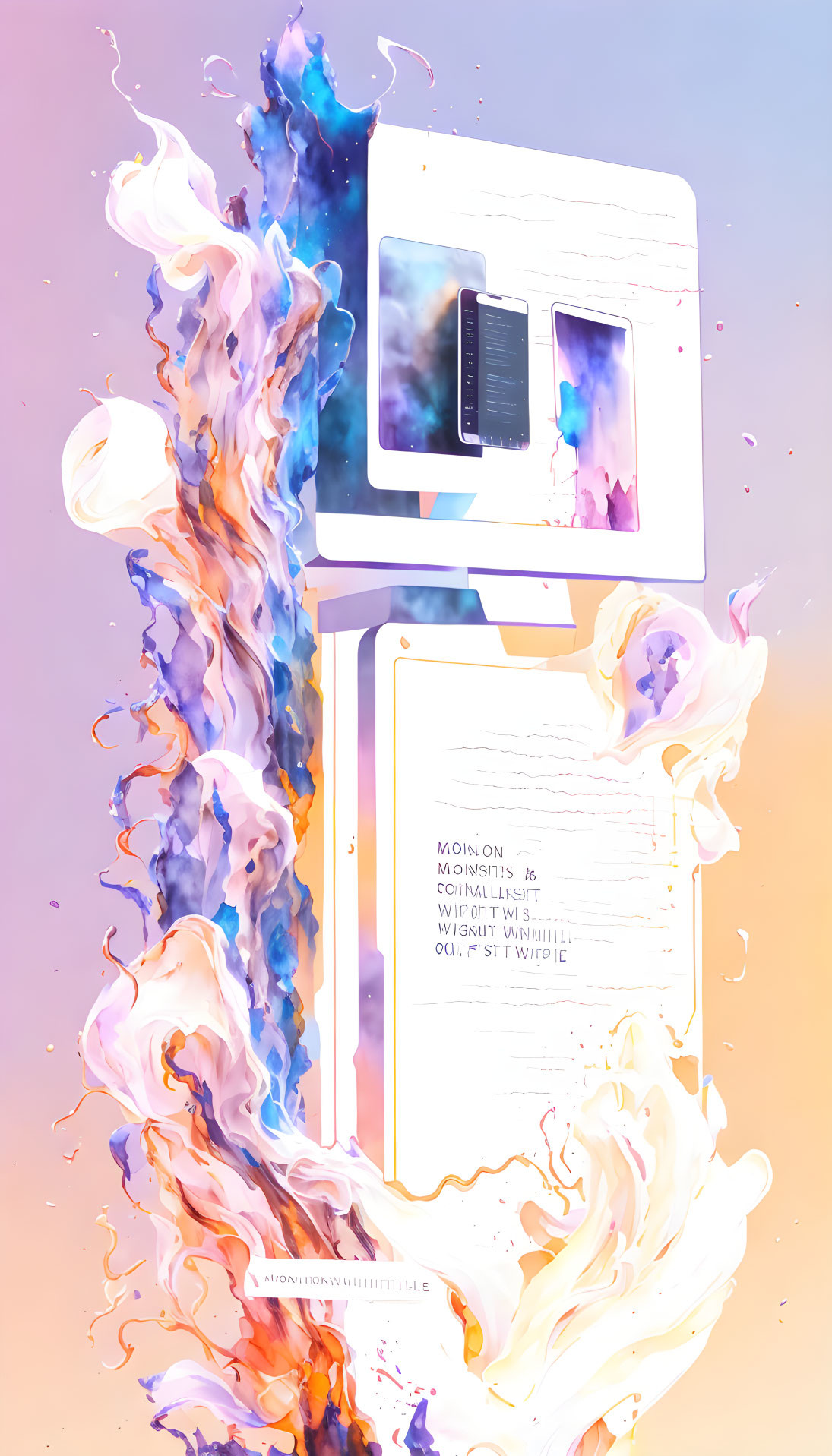 Vibrant digital artwork with computer monitor and document engulfed in flames