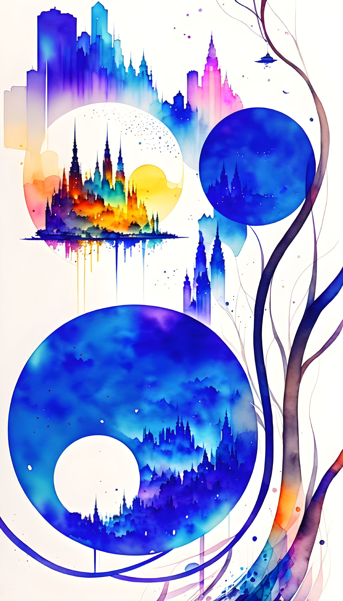 Vibrant watercolor art: cosmic scenes with moons, stars, cityscapes, and tree