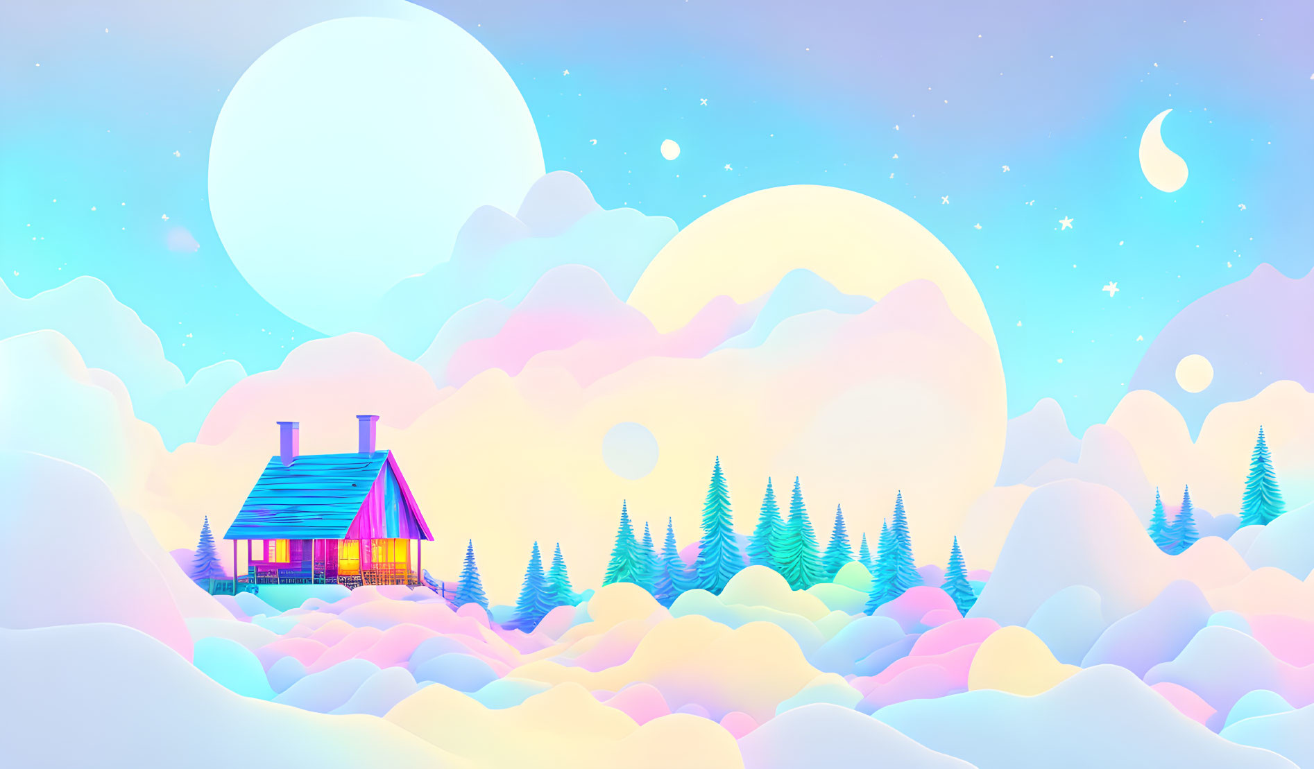 Vibrant whimsical landscape with cozy cabin and snowy hills