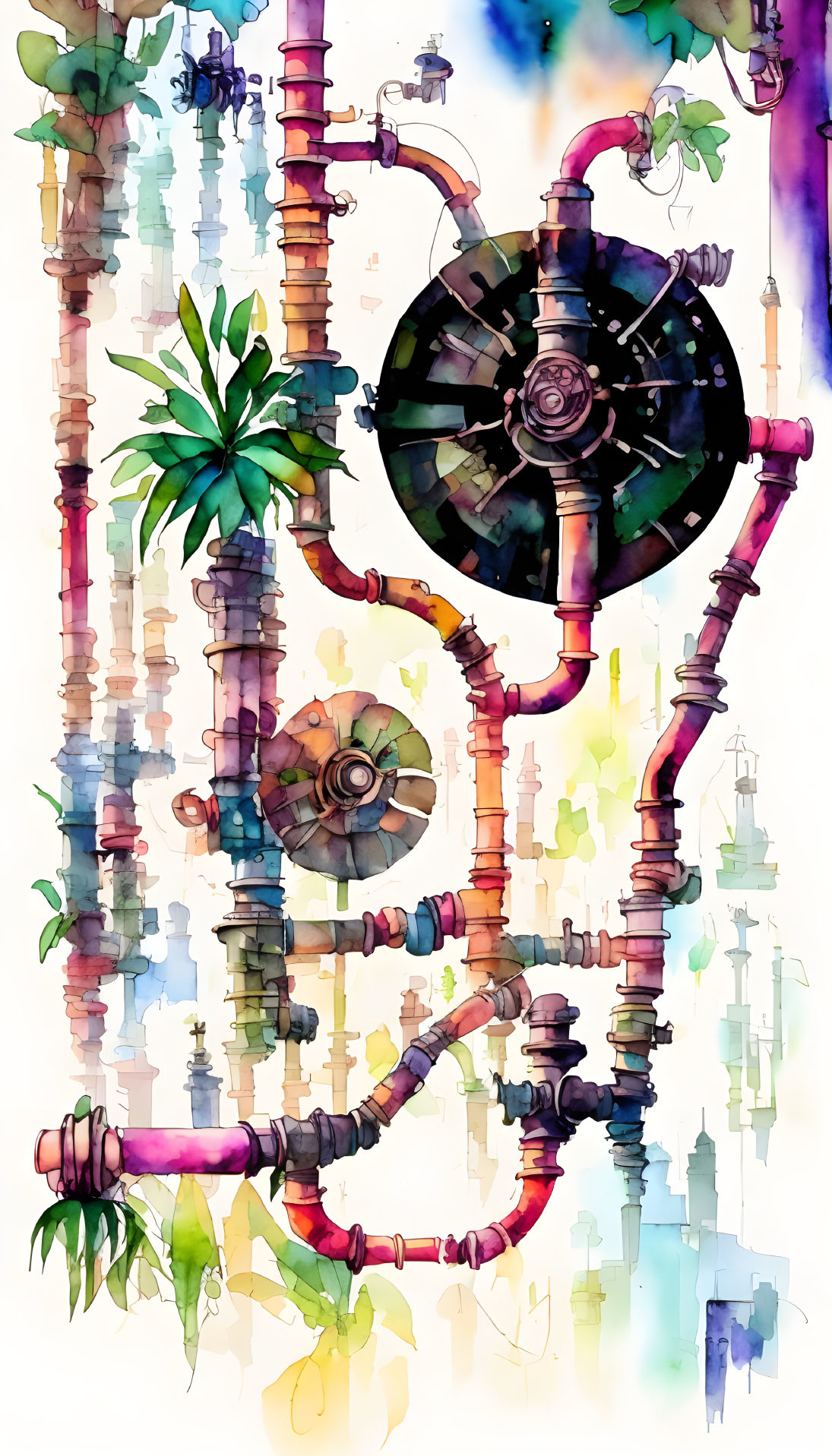 Vibrant watercolor illustration of industrial pipes and green plants on abstract cityscape.