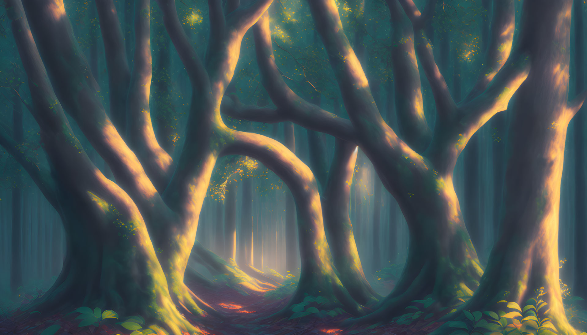 Enchanting forest with twisted trees in ethereal light