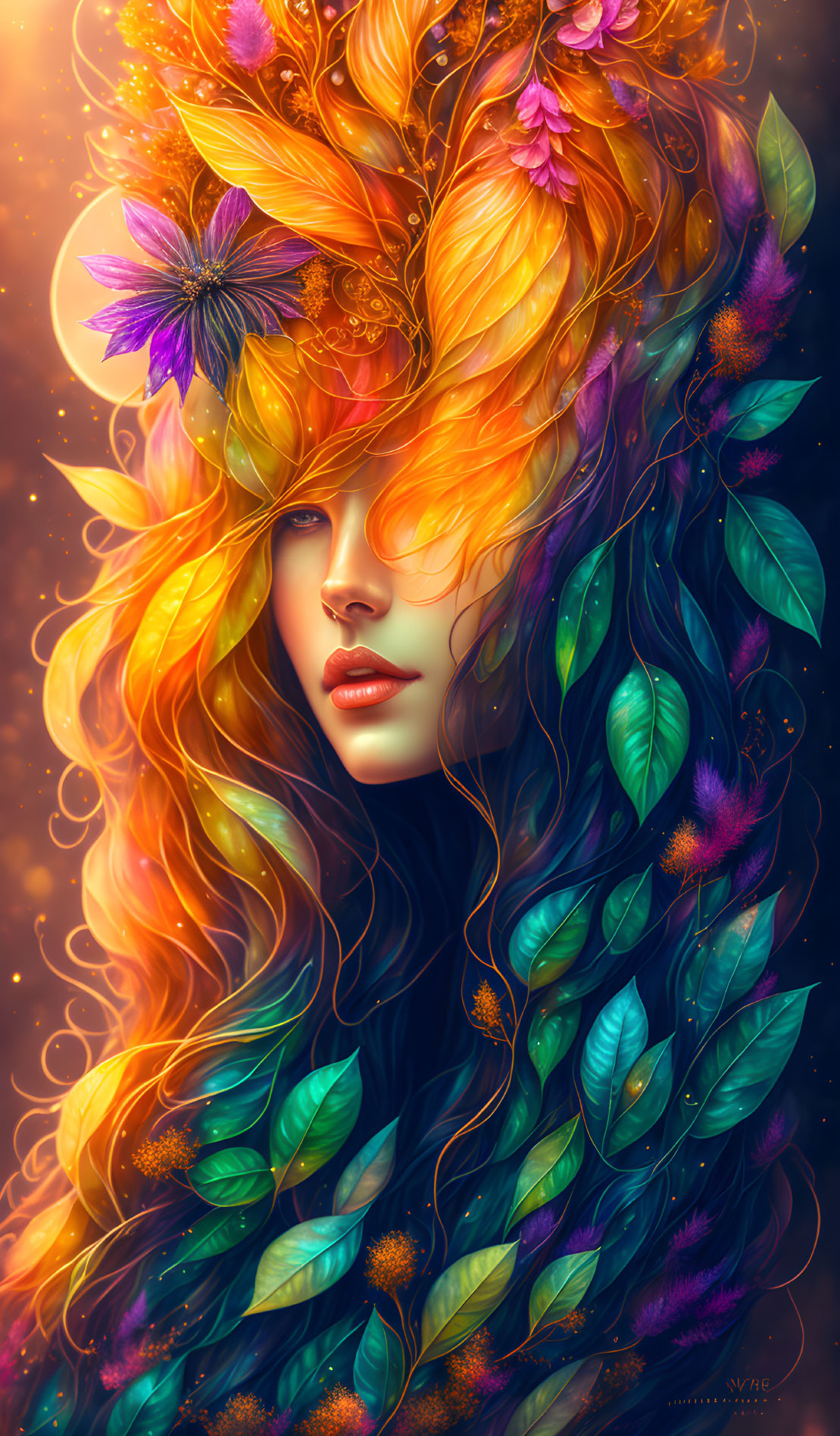 Vibrant fantasy illustration of a woman with flowing flower-adorned hair