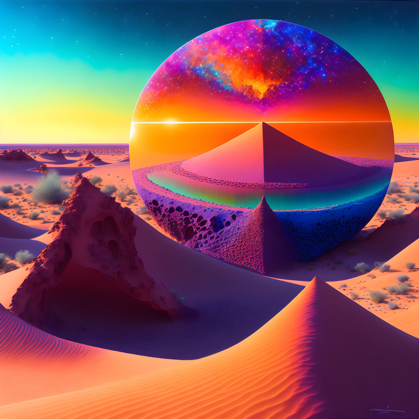 Surreal desert landscape with cosmic sphere and dusk sky