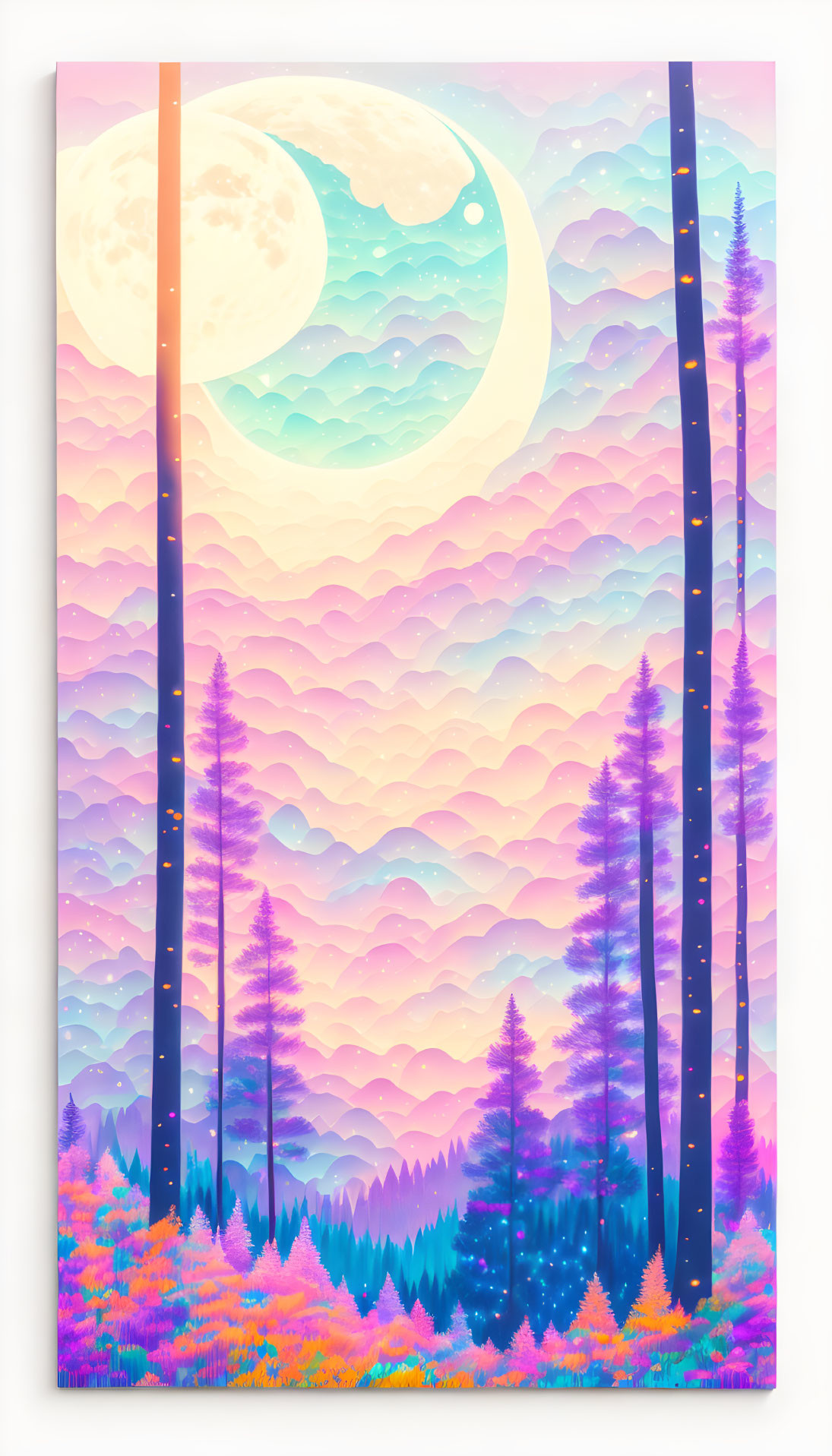 Pastel sky with crescent moon and silhouetted trees art piece