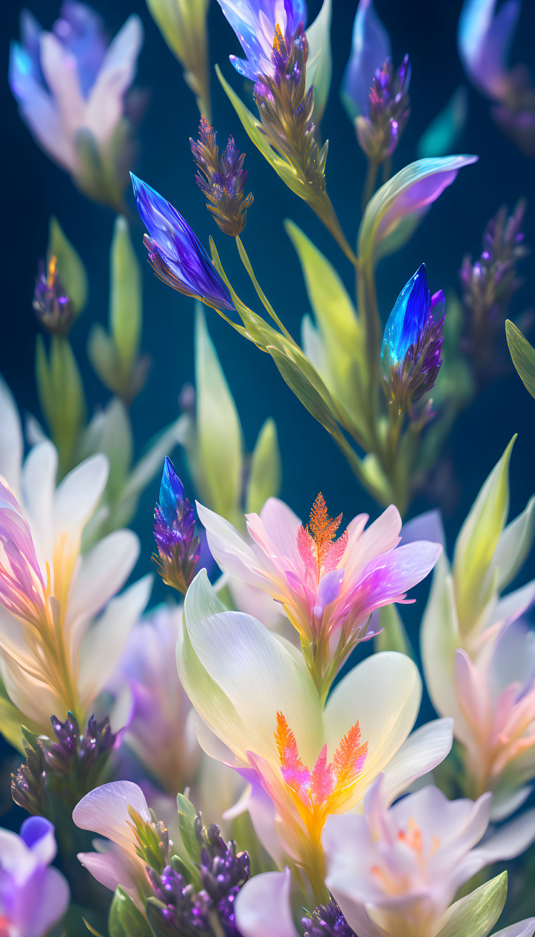 Colorful White Petal Flowers with Glowing Centers on Dark Background