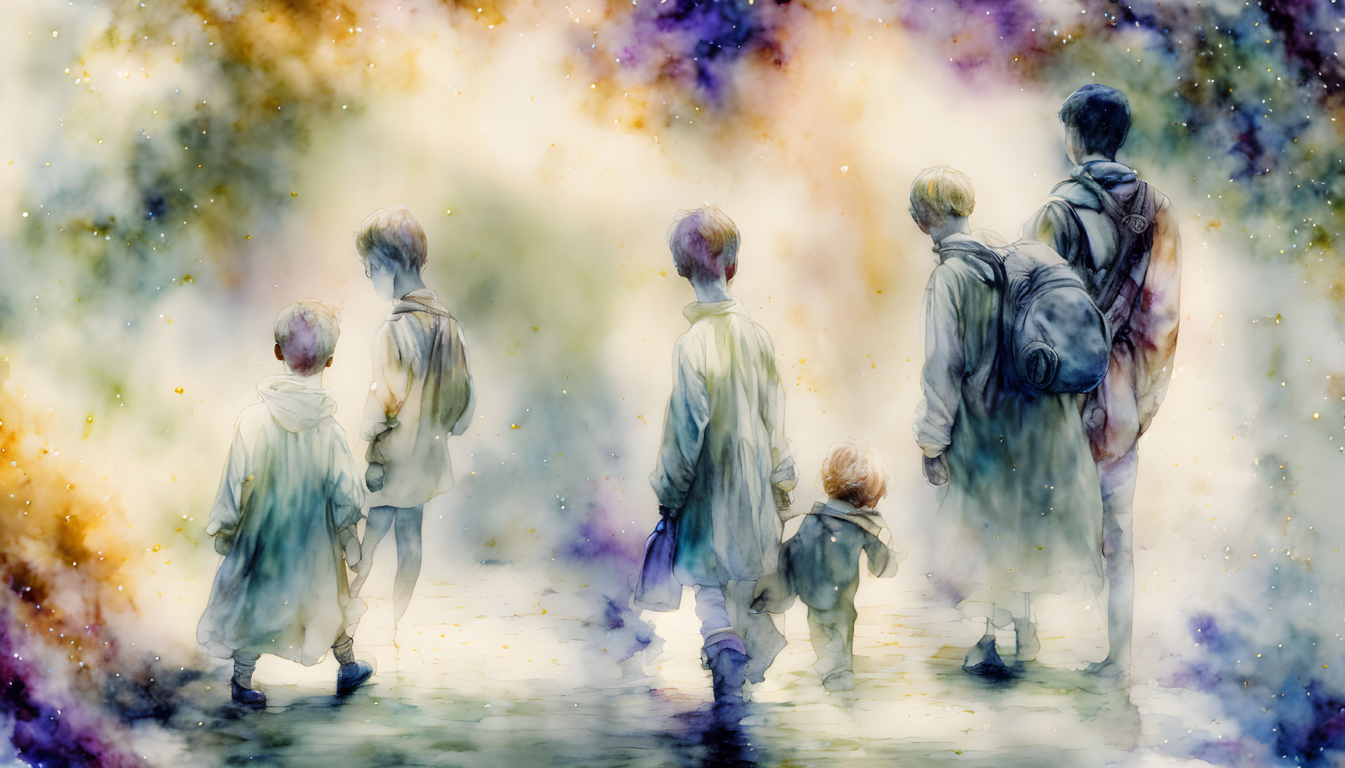 Family of five walking into misty starry landscape