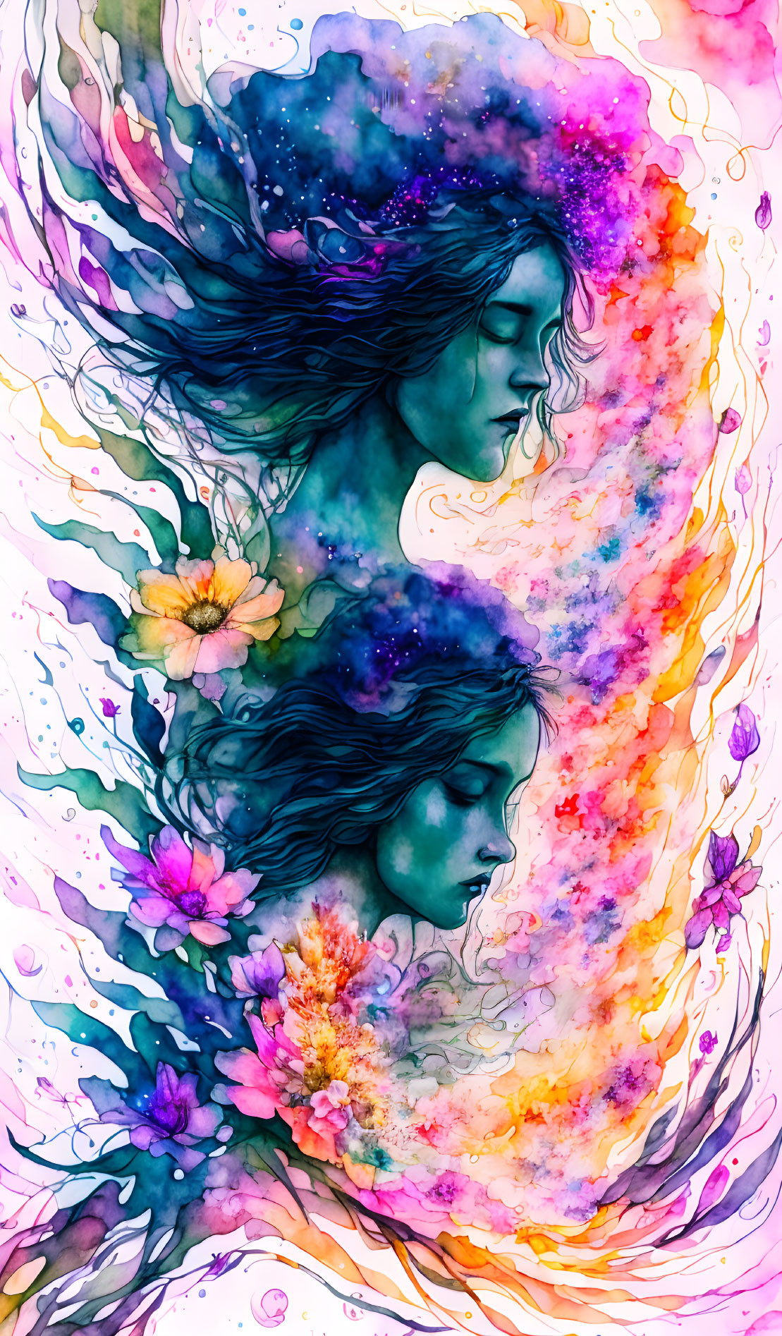 Colorful Watercolor Illustration: Two Women with Galaxy Motif