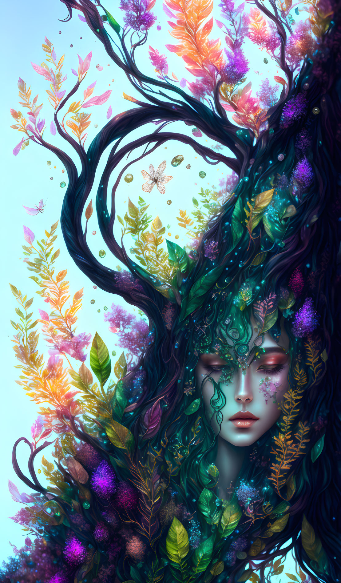 Colorful female figure with hair merging into tree, adorned with leaves, flowers, and butterflies.