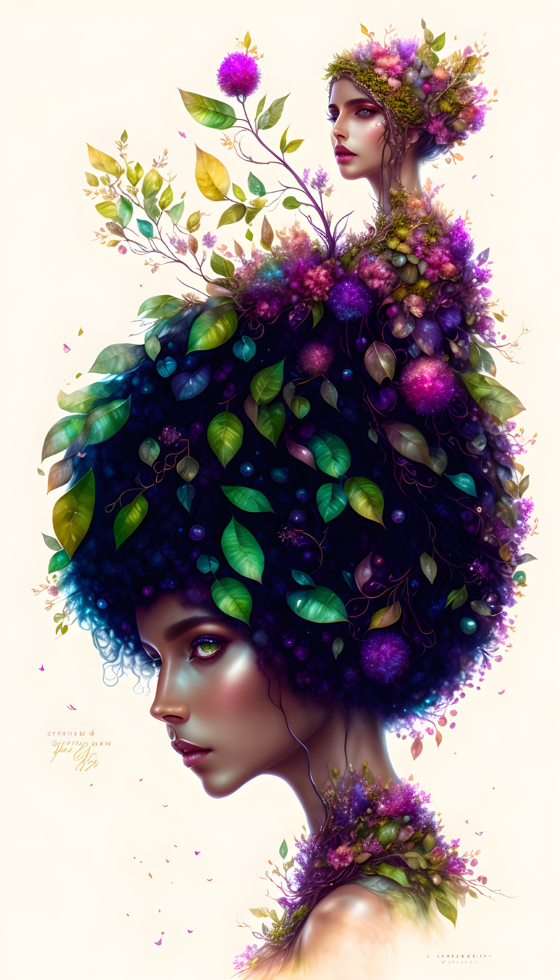 Vibrant violet and green tones in floral headpiece art