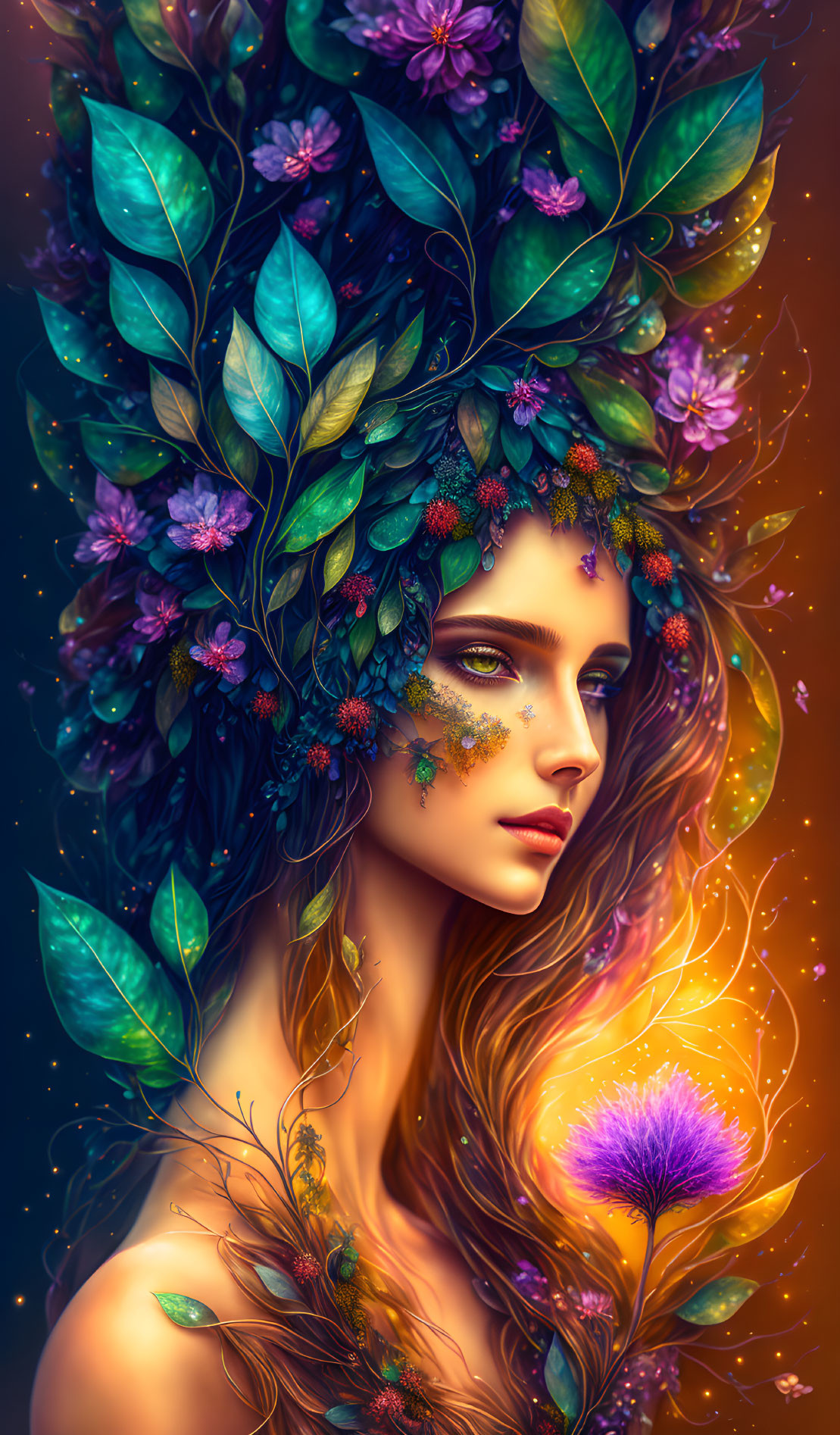 Colorful Woman Illustration with Elaborate Leaf Headdress on Starry Background