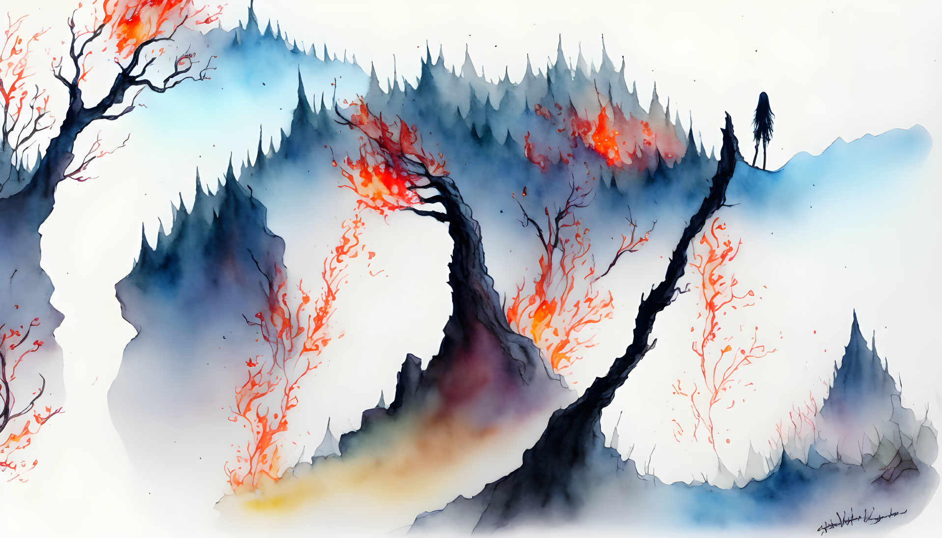 Fiery forest watercolor painting with smoky skies