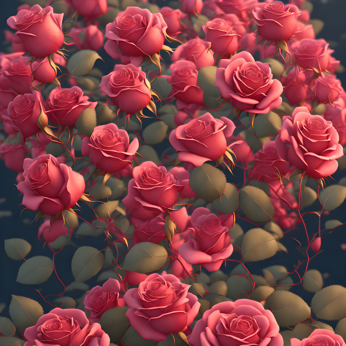 Vibrant pink roses cluster on dark background