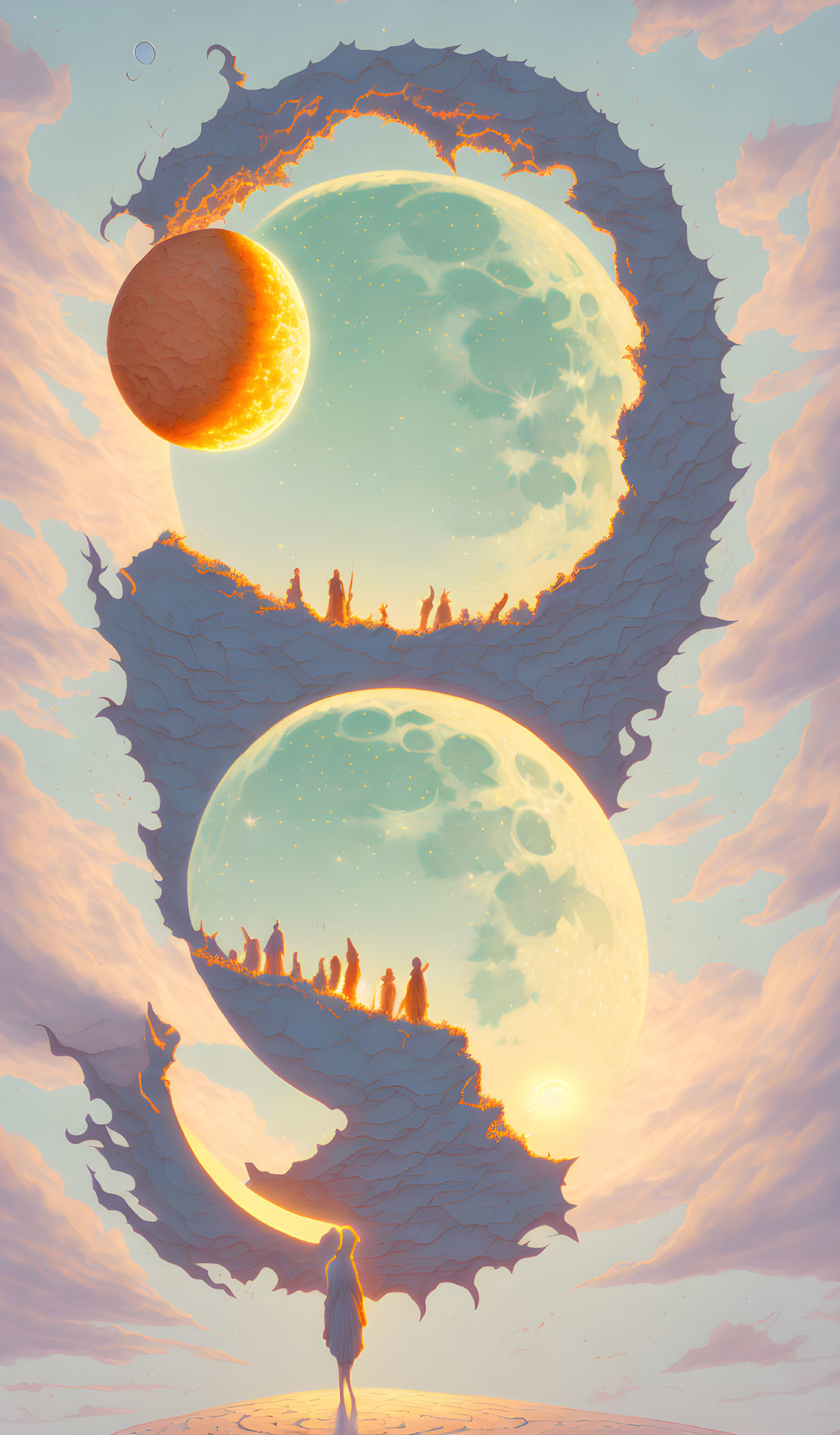 Surreal landscape with figure, three moons, pastel sky & silhouettes