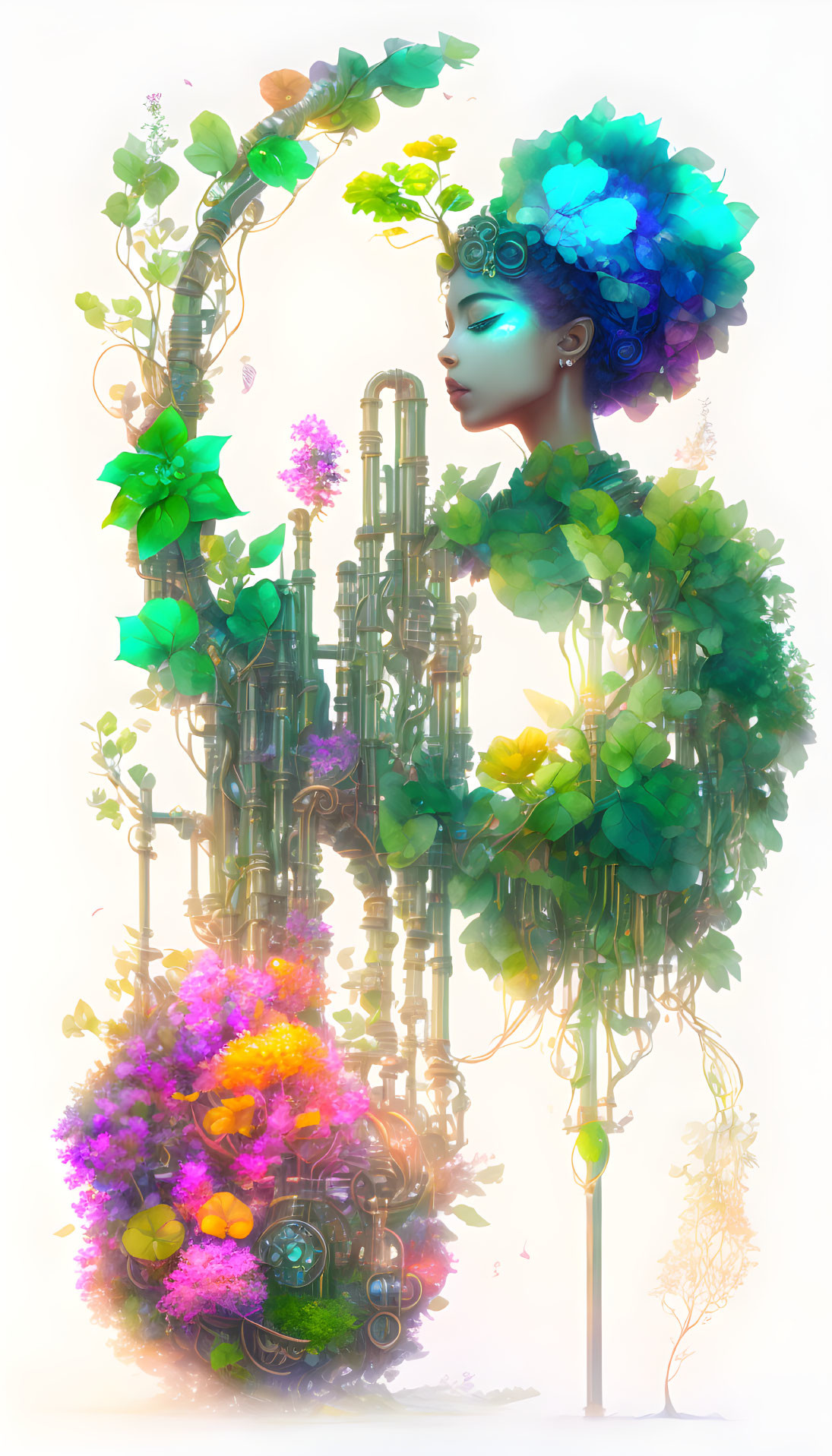 Colorful surreal illustration of woman's profile with plants and mechanical structures interwoven