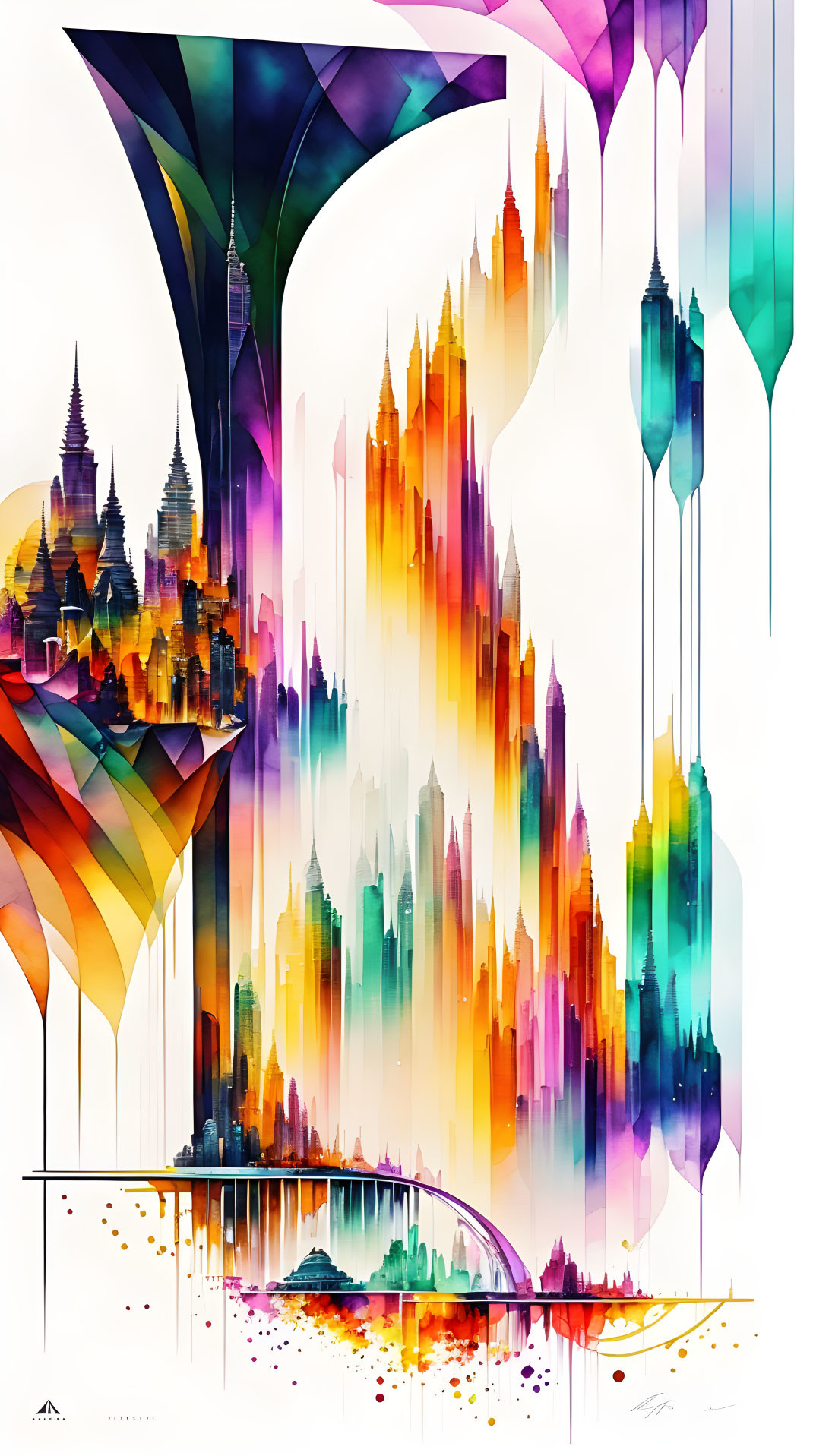 Colorful Abstract Artwork: Vibrant Cityscape with Fluid Shapes and Dripping Paint