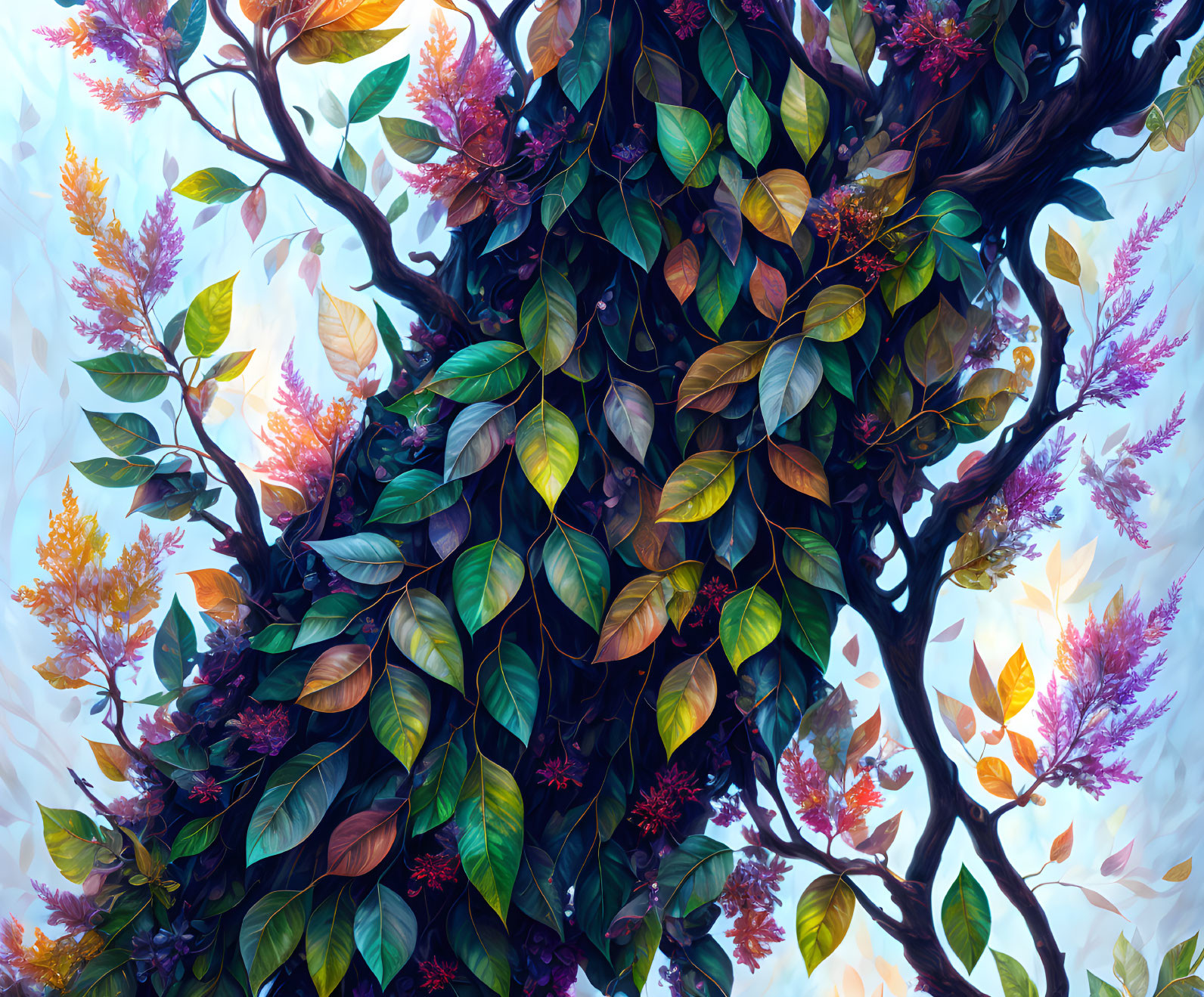 Vibrant tree illustration with colorful leaves and twisted trunk