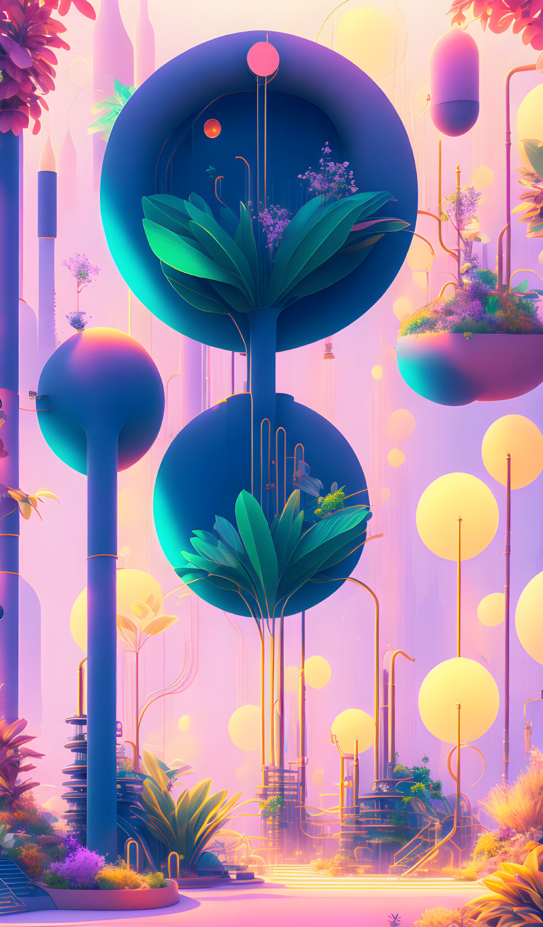 Futuristic artwork: Oversized terrarium pods in lush greenery against pastel cityscape