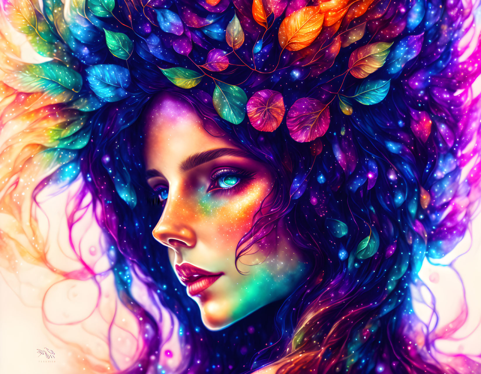 Vibrant portrait of a woman with colorful leaves in her hair