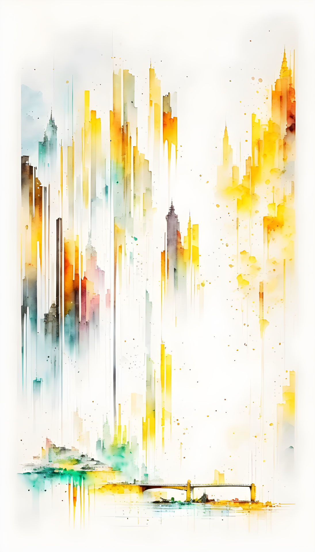 Yellow-themed watercolor city skyline painting with abstract, dripping paint effects.