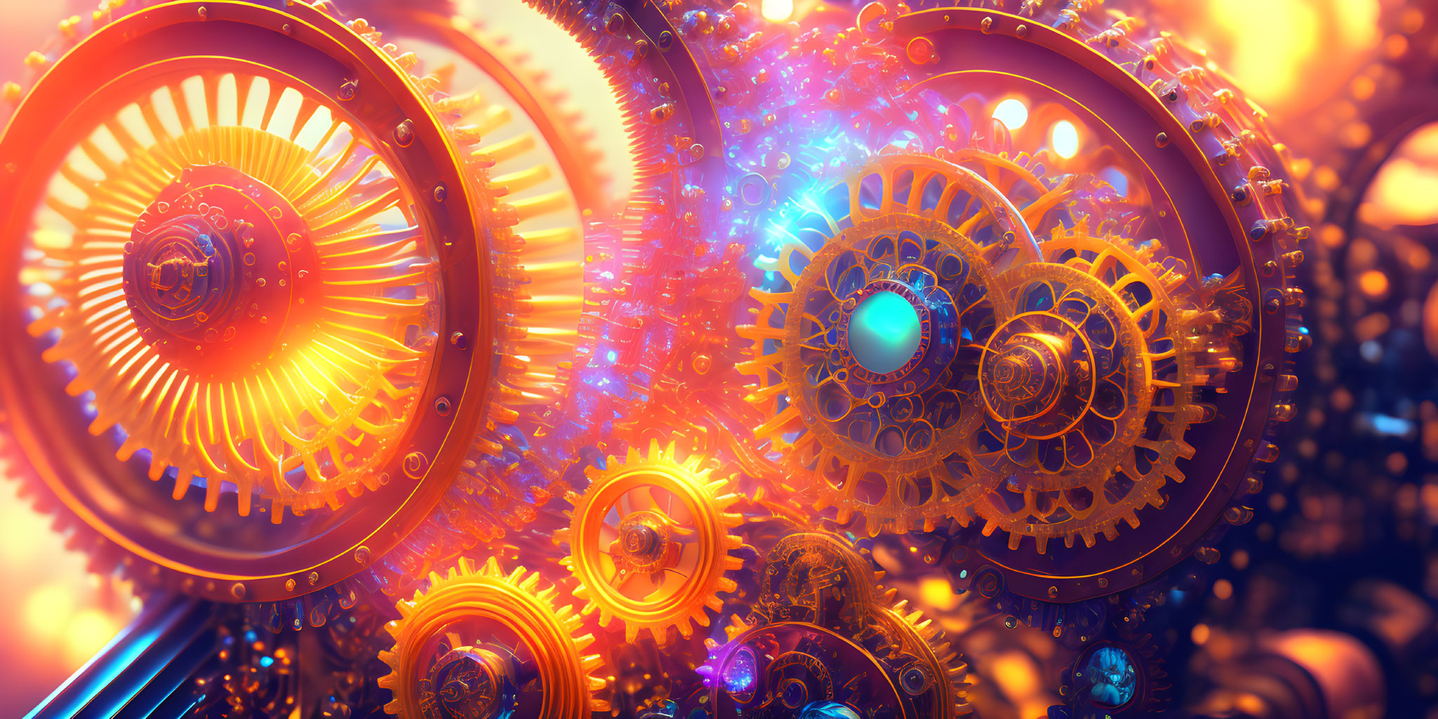 Detailed Image: Interconnected Gears and Cogs in Blue and Orange Color Scheme