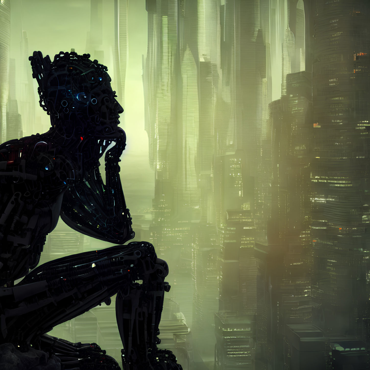 Futuristic cityscape with complex mechanical figure