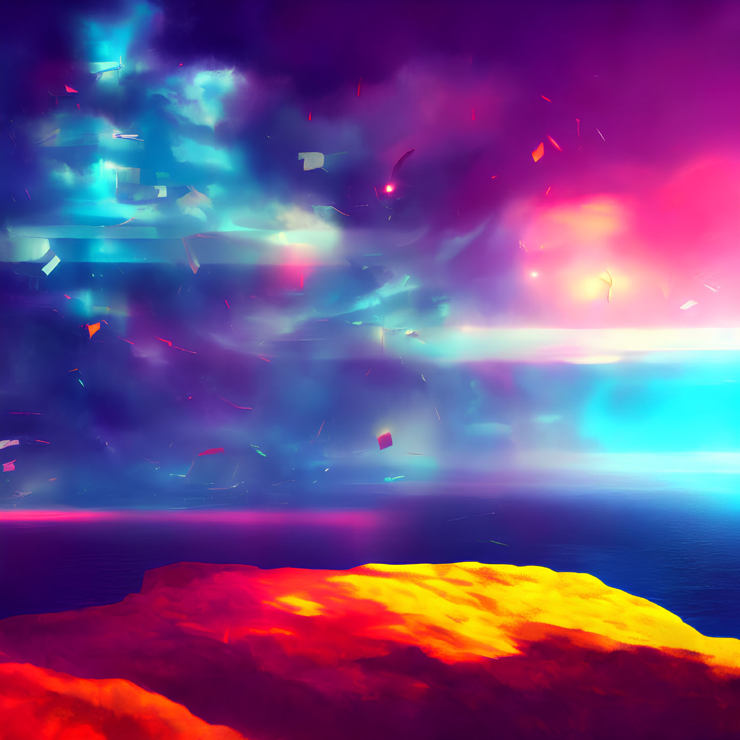 Colorful Digital Art: Surreal Landscape with Neon Sky & Ocean