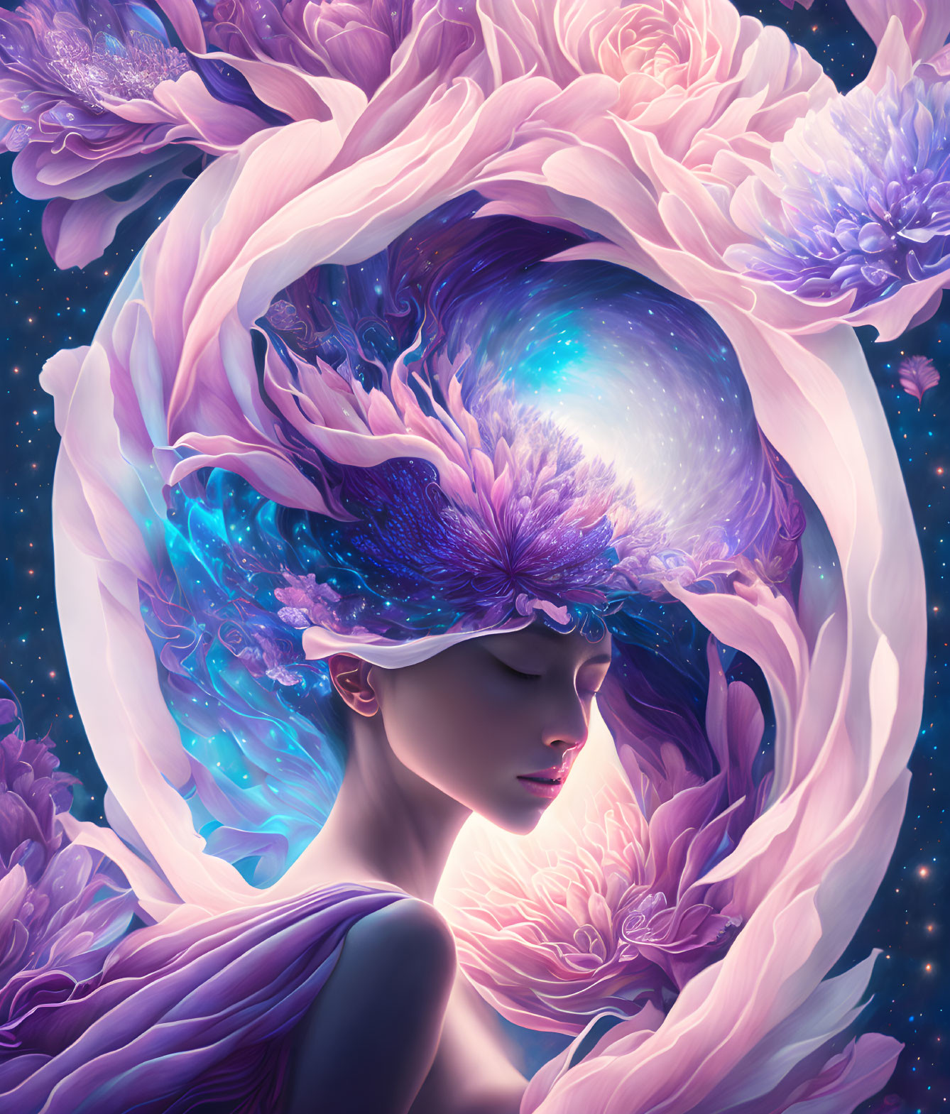 Illustration of woman with cosmic floral headdress in swirling pink petals on starry backdrop