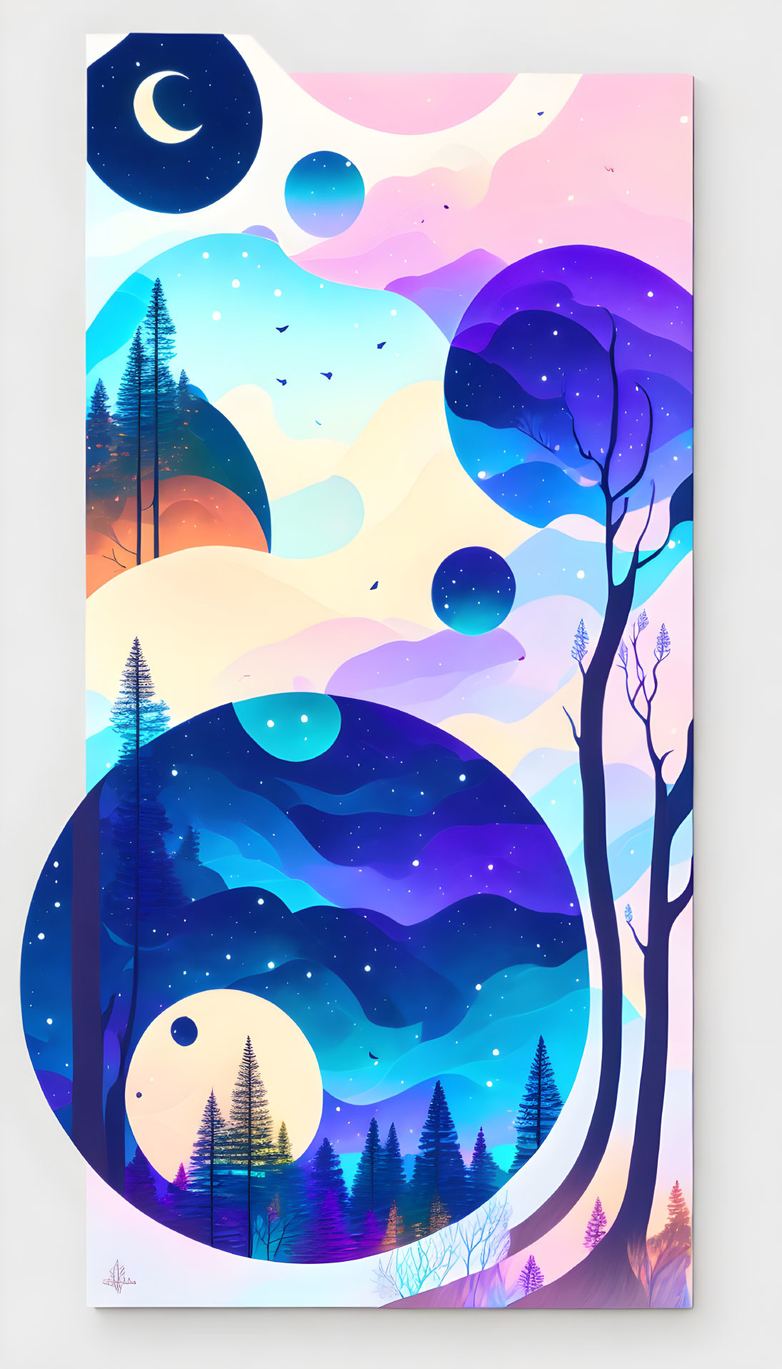 Layered cosmic landscape with trees, hills, and celestial bodies in pink, blue, and purple